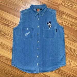 Vintage Disney Mickey Unlimited Blue Denim Vest Shirt Size L Embroidered
